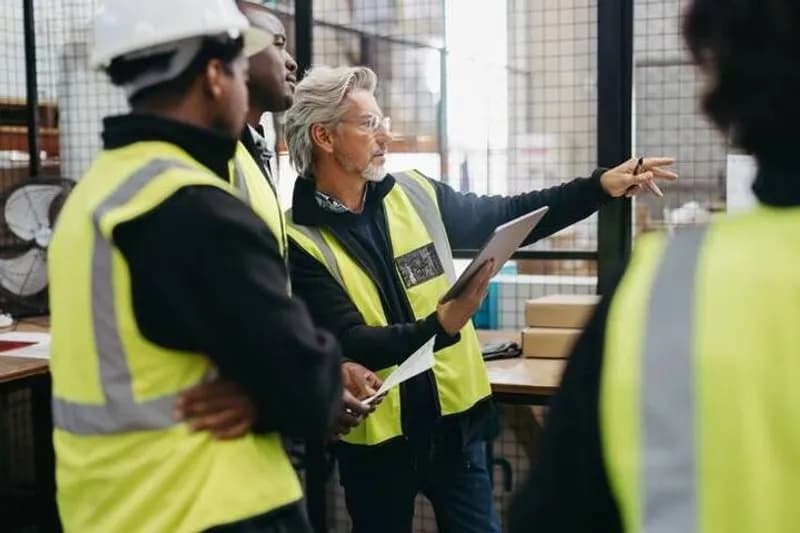 Industrial project managers in safety vests and hard hats discussing timeline coordination