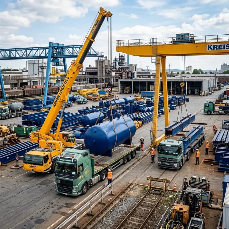 Industrial logistics yard with crane loading coated steel components onto flatbed trailers